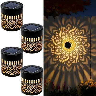 Image de Lot de 4 lampes solaires décoratives, effet mandala, pour éclairage de jardin, en métal, avec LED blanc chaud, étanches (IP65), idéales pour clôtures, terrasses et décoration de jardin