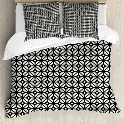 Obrázok produktu pre ABAKUHAUS Geometrická sada obliečok na posteľ, monochromatický mriežkový vzor s kosoštvorcami a krížiacimi sa čiarami, 155 x 220 cm + 80 x 80 cm, antracitovo sivá farba vaječnej škrupiny