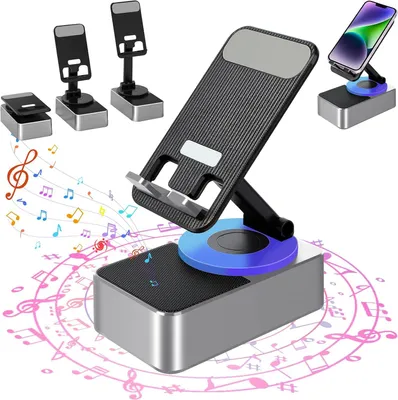 Produktbild von Bluetooth-Audio-Power-Handyhalter, 360° Drehbarer Faltbarer Handyständer, Telefonständer mit Bluetooth-Lautsprecher, Schwarz