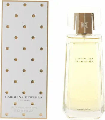 A perfume bottle and its packaging are displayed side-by-side against a white background.