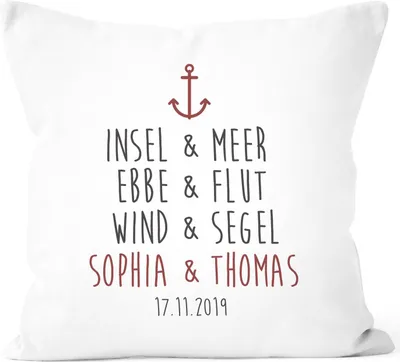 Produktbild von Kissen-Bezug mit Namen und Datum Anker Liebesspruch Kissen-Hülle Baumwolle personalisierte Geschenke SpecialMe® weiß unisize