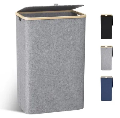 Productafbeelding van Wasmand met deksel, 100 liter, bamboe deksel, uitneembaar waszak, grijs, 33 cm breed