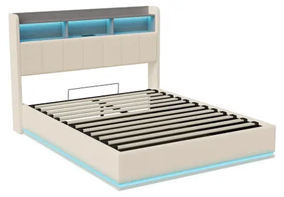 Productafbeelding van Bed - Gestoffeerd bed 140 x 190 cm - Fluweelbekleding - Opbergruimte in het hoofdeinde - LED-verlichting - Zonder matras - Beige