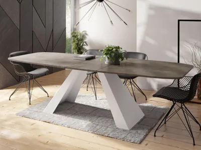 Produktbild von Esstisch Monte Weiß im Modern Stil, Rechteckiger Tisch - Ausziehbar von 160 cm bis 200 cm, Pulverbeschichtete Weiße Metallbeine - 160 x 80 cm - Chicago Beton Grau
