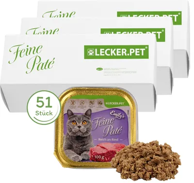 Produktbild von 51 x 100 g Lecker.Pet® Emily's Feine Paté Reich an Rind Katzenfutter Nassfutter Vollnahrung