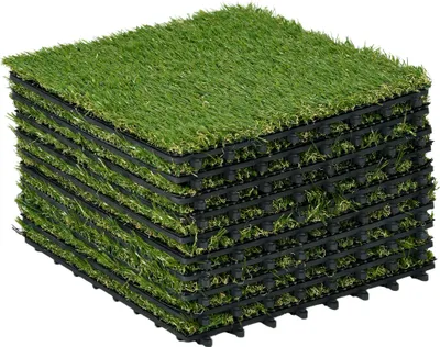 Produktbild von Outsunny Kunstrasen 10 Stücke Rasenteppich 30 x 30 cm Grasmatte künstlicher Rasen Rollrasen für Garten Balkon 25 mm Kunststoff Dunkelgrün