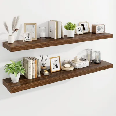 Image de Étagères murales flottantes, étagères en bois avec supports invisibles, lot de 2, en noyer, 140 cm