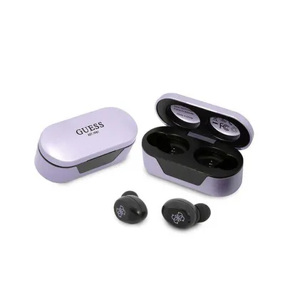 A pair of black wireless earbuds and their charging case are displayed against a white background.
