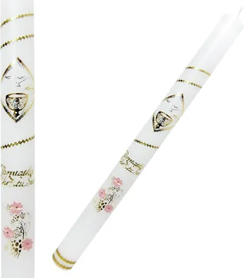 Produktbild von Taufkerze, weiß, glatt, mit rosa und goldenen Verzierungen - Taufbecken