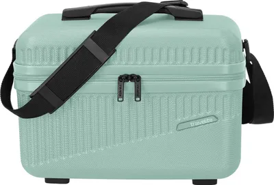 A mint green travelite beauty case with a black shoulder strap is shown against a white background.