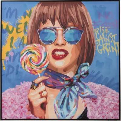 Produktbild von Lebendige Graffiti Frau mit Lutscher - Handbemalte Leinwand Wanddekoration in vielfältigen Farben 100x100cm