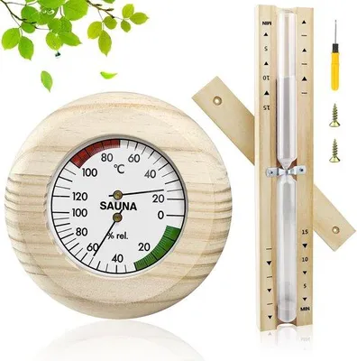 Produktbild von Saunathermometer mit Hygrometer – Holzset – Hitzebeständig – Langlebig – Dekorativ – Für die Sauna – Sauna-Thermometer