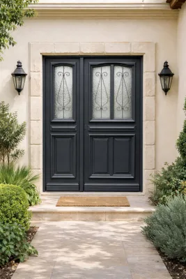 Immagine prodotto di Porta d'ingresso in legno a tre ante Mathilde grigio antracite, H.215xL.140 cm, lato pannello dritto, maniglia, cilindro, pulsante, GD MENUISERIES