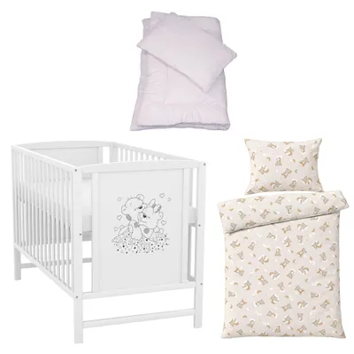 Produktbild von Baby-Delux Babybett Kinderbett Gitterbett Mia weiß 120x60 Matratze Bettset 4-Tlg. Bärchen Beige