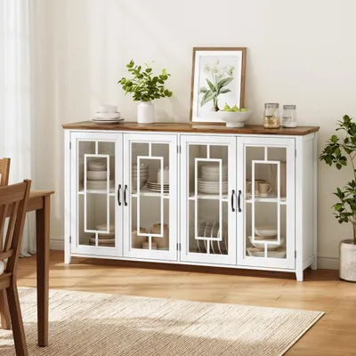 Produktbild von Küchen-Sideboard 160cm, Glastüren, Staufach, Holzoptik-Arbeitsplatte, Kippsicherung, für Küche/Esszimmer/Wohnzimmer.