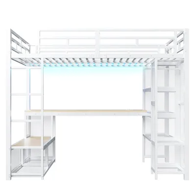 Produktbild von Merax Etagenbett Hochbett 140x200 mit Schreibtisch, Regale, offenem Kleiderschrank, USB, LED-Beleuchtung, Metall Kinderbett, Stockbett, Weiß
