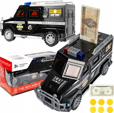 Zdjęcie produktu dla Skarbonka Sejf Dla Dzieci Policja Auto Na Monety Banknoty Hasło Pin Led
