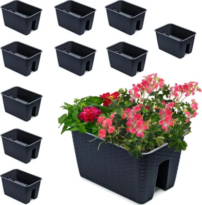 Produktbild von Satz von 10 Stck Balkonkiste 13 L Blumenkasten Geländerkasten Balkonkasten Geländertopf 27,2 cm x 39,6 cm H 22,5 cm Farbe Anthrazit Rattan-Imitat Quadrat aus Kunststoff Modern Glamour Geschenkdekoration
