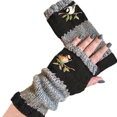 Produktbild von Armstulpen Damen Winter Handschuhe mit Vogelstickerei Fingerlos Strick Pulswärmer Damen Handstulpen Fäustlinge Strick Fingerlose Fäustlinge Stulpen Damen Hände Lange Handschuhe