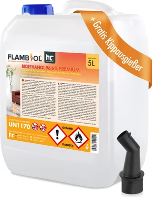 A large plastic container of bioethanol with a label and a pouring spout.