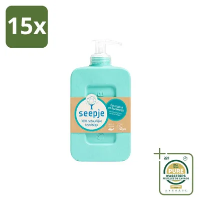 Imagen del producto de 15 unidades de jabón líquido para manos Seepje, aroma de eucalipto y romero, 300 ml por unidad, pack ahorro