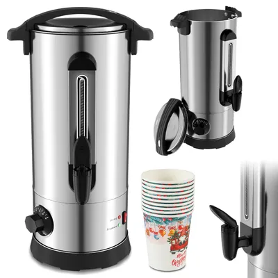 Productafbeelding van Ikodm Glühweinwarmer, 10 liter, 1500 watt, zilver, temperatuur instelbaar van 30 tot 110 °C, roestvrij staal, schenktuit, waterpeilaanduiding, inclusief 10 papieren bekers