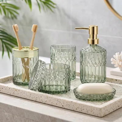 Image de Ensemble de salle de bain INONEFT, 5 pièces : verre, porte-savon, support pour brosses à dents, distributeur de savon, récipient pour cotons-tiges, verre, couleur verte