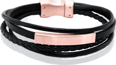 Produktbild von Karisma Männer Schwarzes Lederarmband mit 4 Ledesträngen Platte Länge 21cm - Roségold