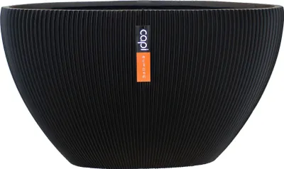 A black oval planter with a ribbed texture.