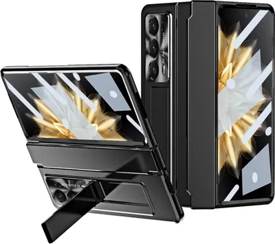 A black foldable phone case with a kickstand is shown in two configurations: closed and partially open.
