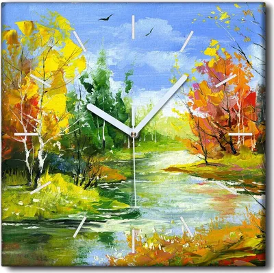 Produktbild von Coloray Uhr auf Leinwand 30x30 cm Wand Uhr Dekoration Wohnzimmer Segeltuch weiße Zeiger -Herbstfließlandschaft.