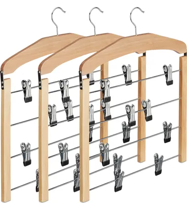Produktbild von Relaxdays Rockbügel 3er Set, Hosenbügel Holz, 360° drehbarer Haken, Kleiderbügel rutschfest, HBT: 45,5x39x2,5 cm, natur