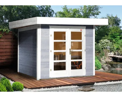 Produktbild von WEKA 126.3021.45000 Gartenhaus/Blockbohlenhaus Chill-Out 1 /Doppeltür/ ; Größe: 1 ; Farbgebung: Grau ; Wandstärke: 28 mm ; Maße (LxBxH): 295 cm x 260 cm x 226 cm ; Seitenwandhöhe: 217 cm