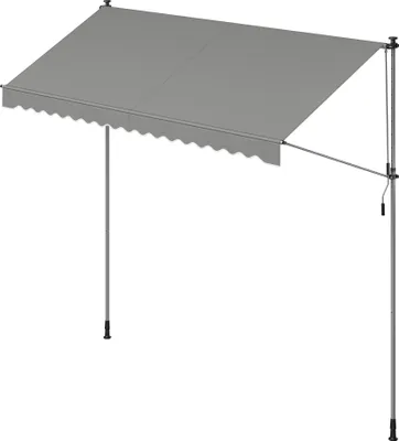 A gray awning with two support poles and a crank mechanism, shown against a white background.