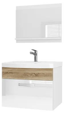Immagine prodotto di Set di mobili da bagno BELINI PRI PM1 60 cm bianco/rovere Sonoma lucido - Mobile da bagno moderno con lavabo e specchio, completamente accessoriato, montaggio a parete