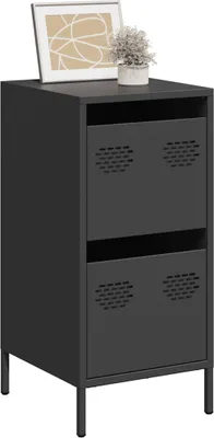 A black metal cabinet with two drawers, displayed on a white background.