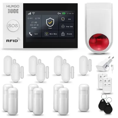 Produktbild von HUXGO HXA007 Alarmanlage Haus WiFi + GSM 2G mit Funk Sirene, Alarm System mit 7x Bewegungssensor und 7x Tür- Fenstersensor, Alarmanlage für Wohnung, Haus, Garage, Tuya Smartlife App