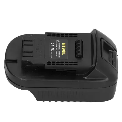 A black battery adapter for power tools is shown against a white background.
