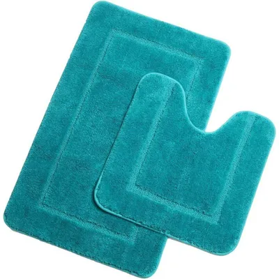 Immagine prodotto di Set di due tappetini da bagno in microfibra, antiscivolo, lavabili e assorbenti, colore turchese, dimensioni: 53 x 86 cm + 50 x 50 cm