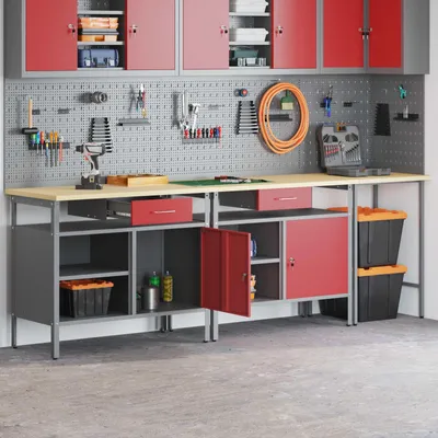 Produktbild von vidaXL Werkbank-Set 3 stk. Schwarz und Grau Pulverbeschichteter Stahl