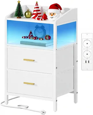 Productafbeelding van Nachtkastje met LED - Sidetable Lade - Sfeer Creëren - Geïntegreerde Laadunit - 30x40x67 cm - Wit