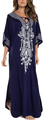 Produktbild von Solidchoice - Bohemianisches, langärmliges Strandkleid im Kimono-Stil mit V-Ausschnitt für Damen, in Dunkelblau