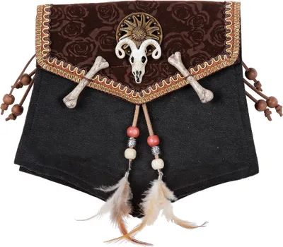 Produktbild von Voodoo Handtasche Schwarz 18x20cm für Fasching, mit Knochen, Tierschädel & Perlen