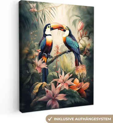 Produktbild von MuchoWow® - Leinwandbilder - Tukan - Vögel - Blumen - Natur - Dschungel, Wandbild, Wanddeko Bilder Wohnzimmer, 30x40 cm