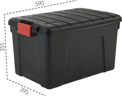 A black storage box with red latches, with dimensions indicated by dashed lines and numbers.