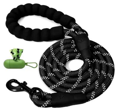 Produktbild von Retrieverleine mit Zugstopp, reflektierende Seilleine 150 cm, gepolsterter Griff, 10 mm für mittelgroße Hunde (Schwarz, 150 cm)