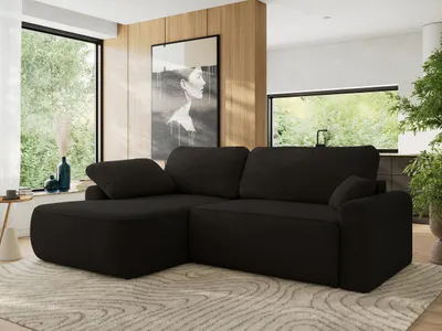 Produktbild von MKS MEBLE Ecksofa CUBO L-form, lose Kissen, Ecksofa 273x187x100 cm mit Schlaffunktion, Bettkasten - Schwarz Boucle - Links Seite