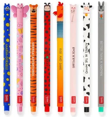 Produktbild von LEGAMI Set mit 8 radierbaren Gelstiften mit thermoempfindlicher Radiertinte, verschiedene Tintenfarben und Schaftdesigns, 0,7 mm Spitze, Marienkäfer, Monster, Tiger, Schmetterling und