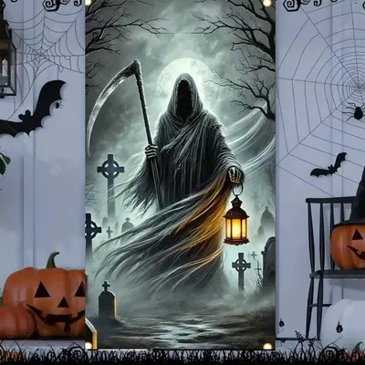 Produktbild von Halloween Türbanner Grusel Skelett Sensenmann Geist Horror Haustür Dekoration Wanddeko Hintergrund - Modell: Variante 4, Größe: 90 x 180 cm