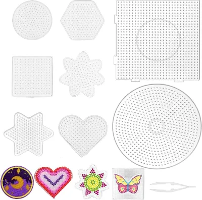 Produktbild von Bügelperlen Platten Set, 8 Stück, Transparente Schablonen, Inklusive Pinzette, für Kreatives Basteln